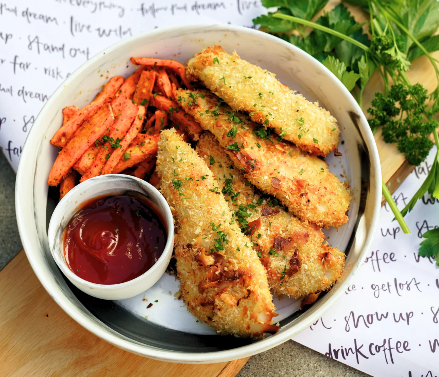 Coconut Chicken Tenders & Sweet Potato Fries
