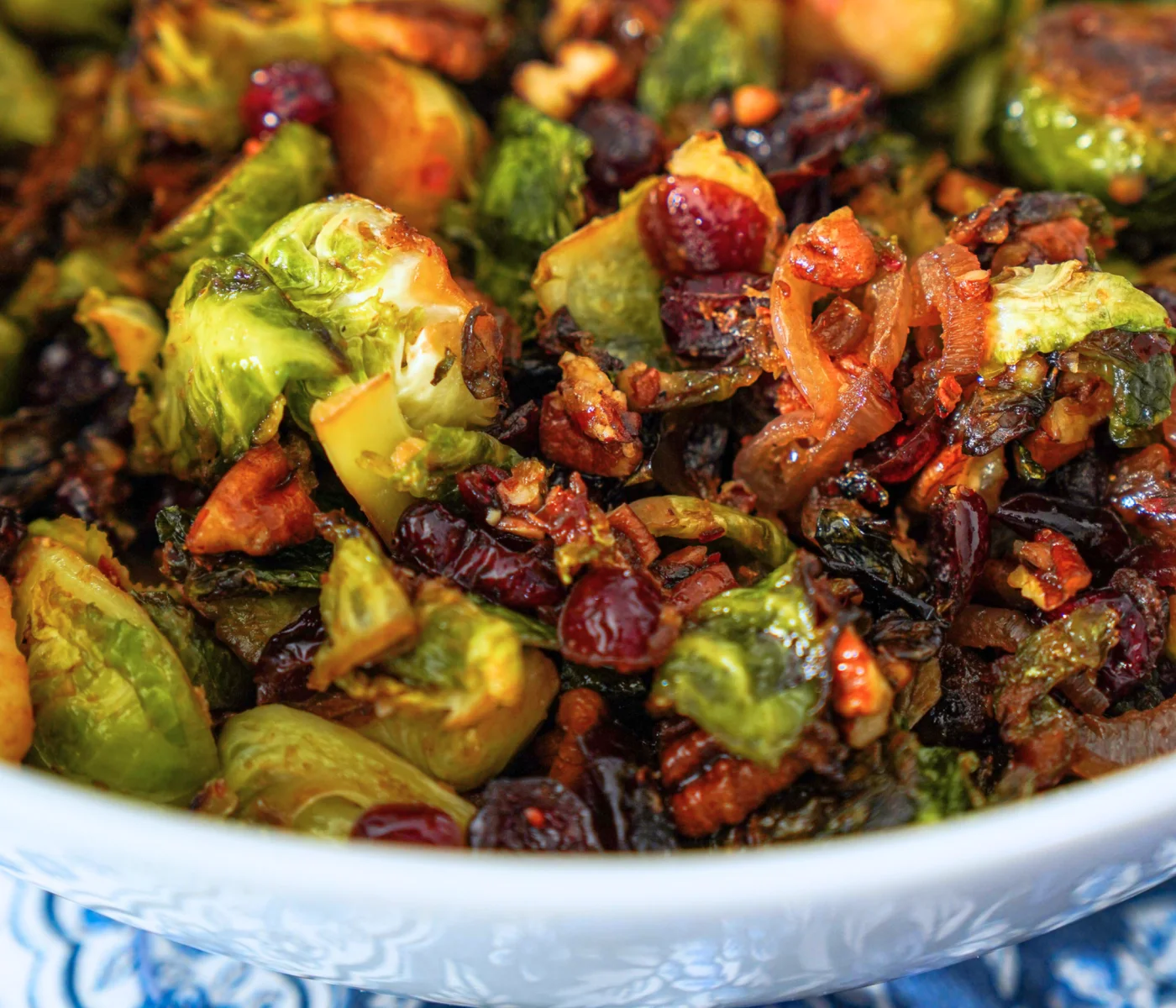 Maple pecan roasted brussel sprouts with cranberries.