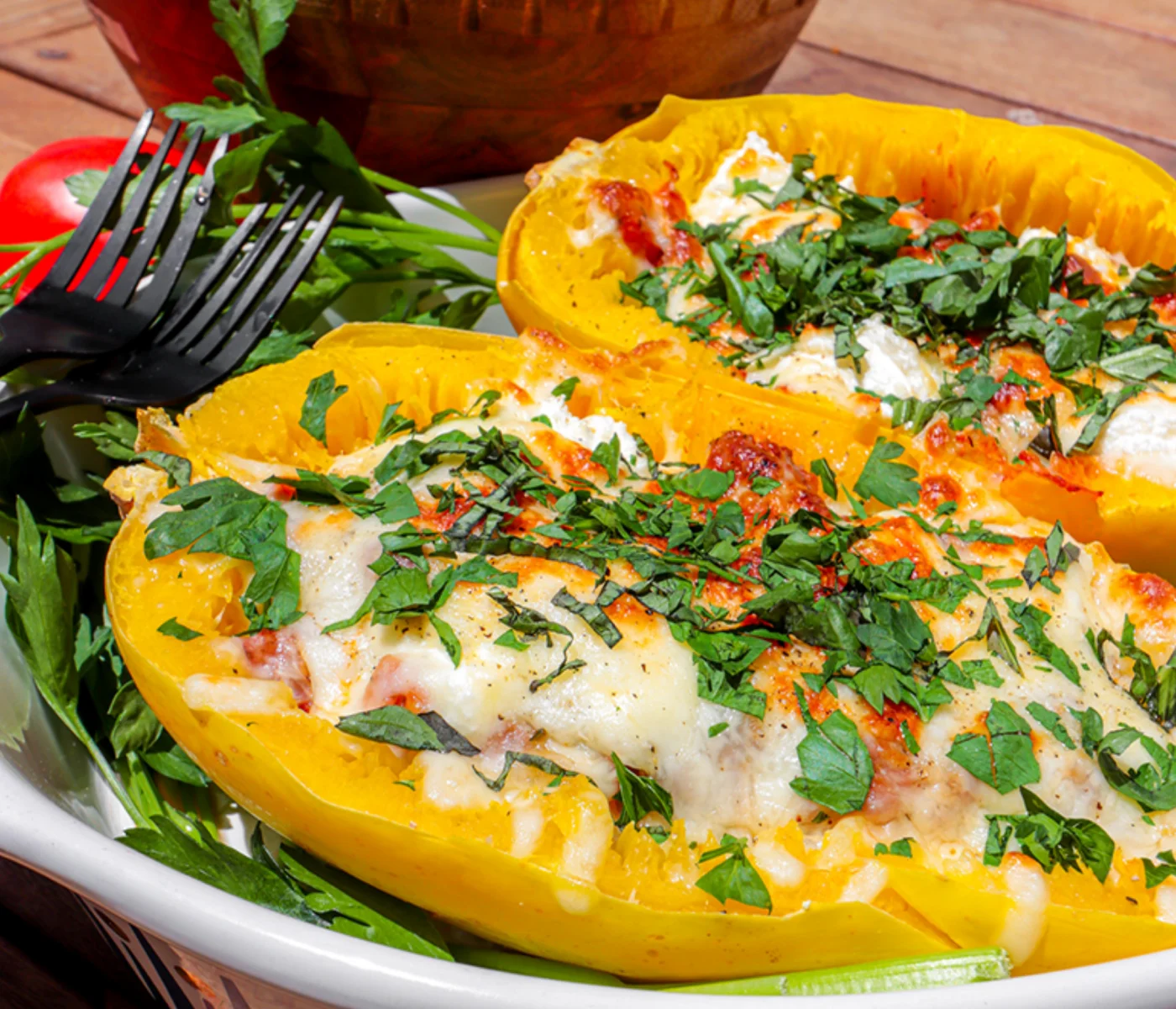 Spaghetti squash lasagna, cut in half and topped with melted cheese.